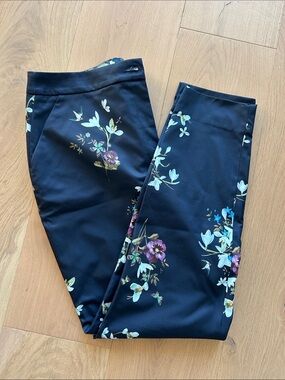 Ted Baker Navy Floral Trim Button Detail Pants